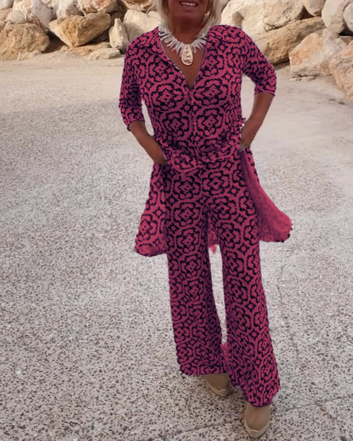 Sandra | Completo Donna Stampato con Tunica a Scollo a V e Pantaloni Palazzo