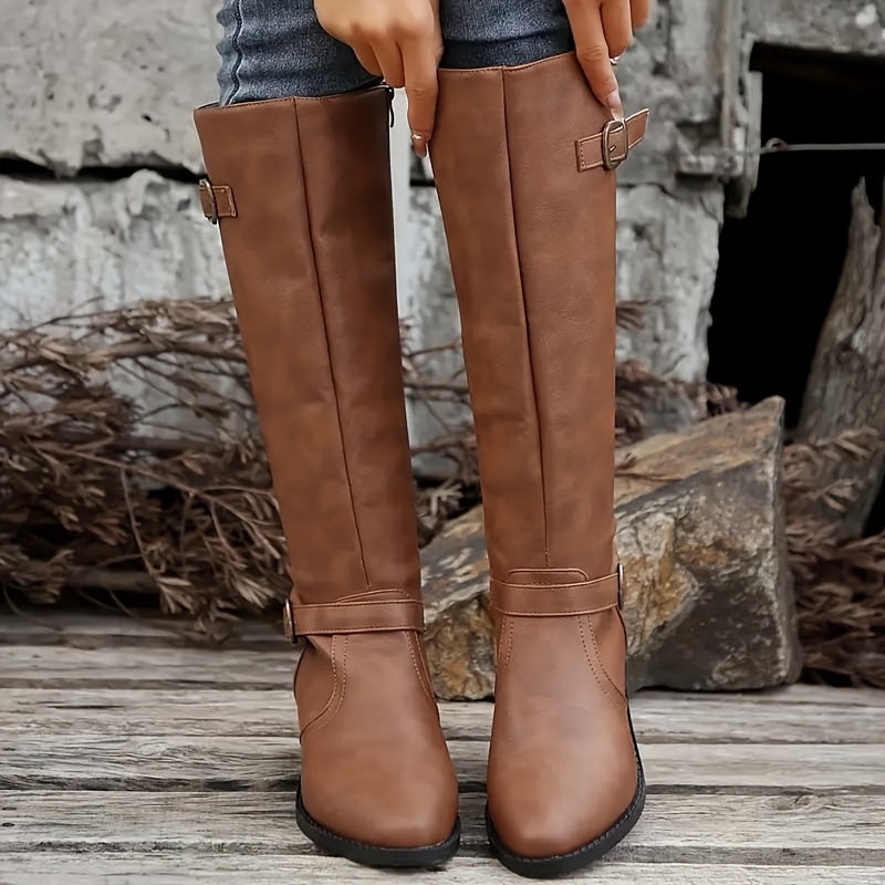 Elena | Faux Leather Knee-High Boots with Double Buckle