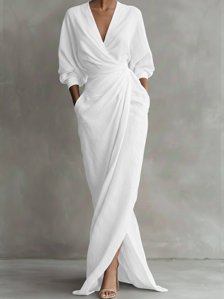 Valentina | Elegantes langärmeliges Maxikleid mit V-Ausschnitt