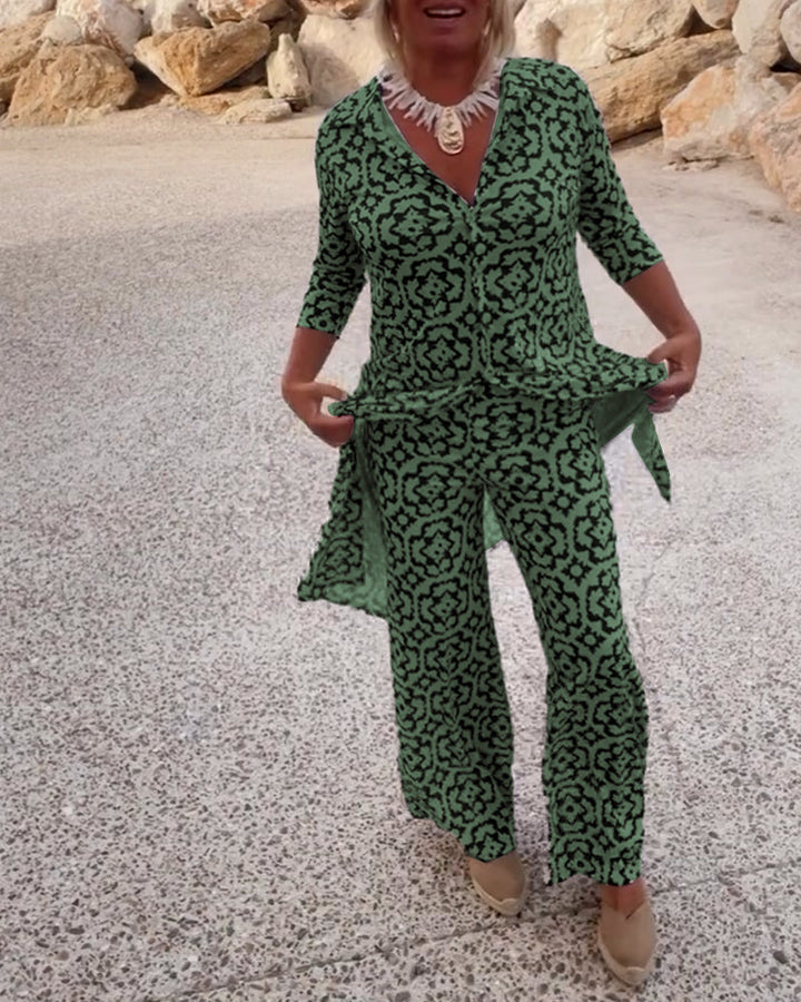 Sandra | Completo Donna Stampato con Tunica a Scollo a V e Pantaloni Palazzo