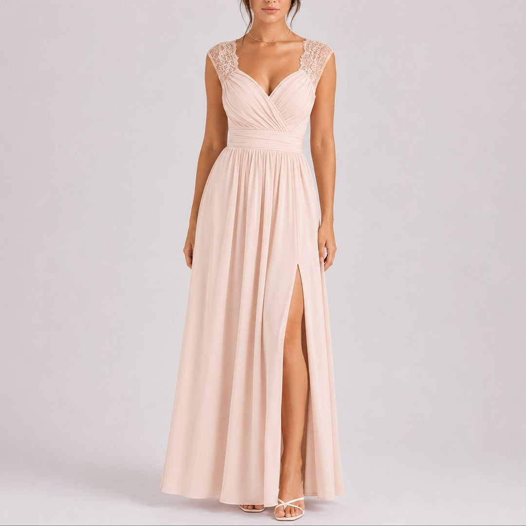 Isabella | Abito Maxi in Pizzo con Scollo Incrociato per Matrimonio Autunnale