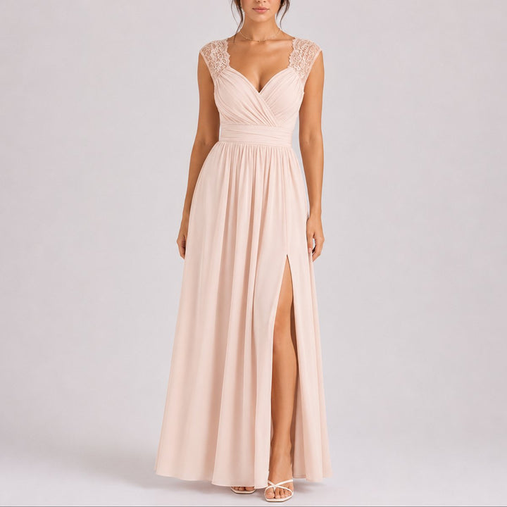 Isabella | Abito Maxi in Pizzo con Scollo Incrociato per Matrimonio Autunnale