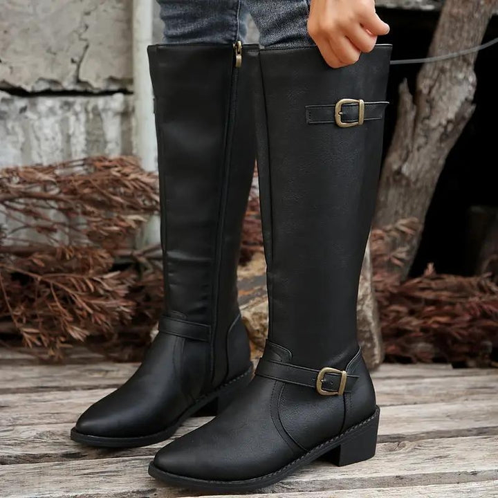 Elena | Faux Leather Knee-High Boots with Double Buckle