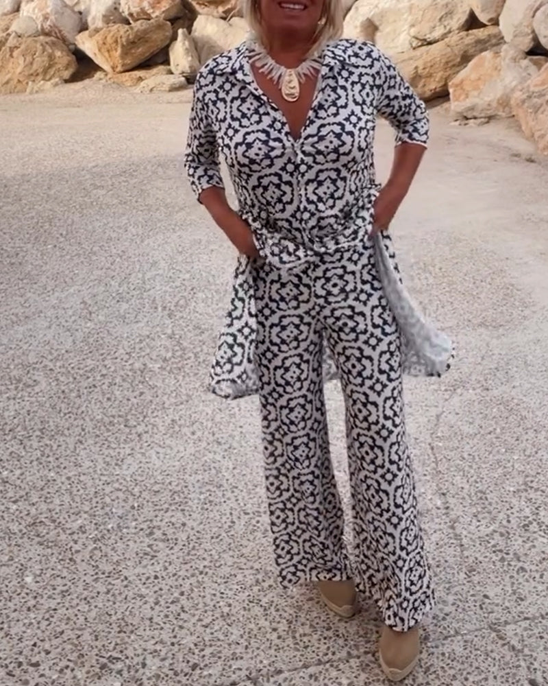 Sandra | Completo Donna Stampato con Tunica a Scollo a V e Pantaloni Palazzo