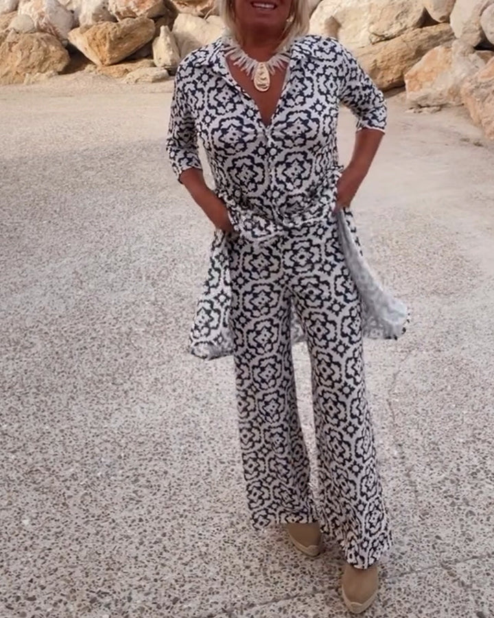 Sandra | Completo Donna Stampato con Tunica a Scollo a V e Pantaloni Palazzo