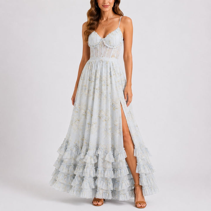 Emily | Geblümtes Maxikleid mit Korsett für eine Herbsthochzeit