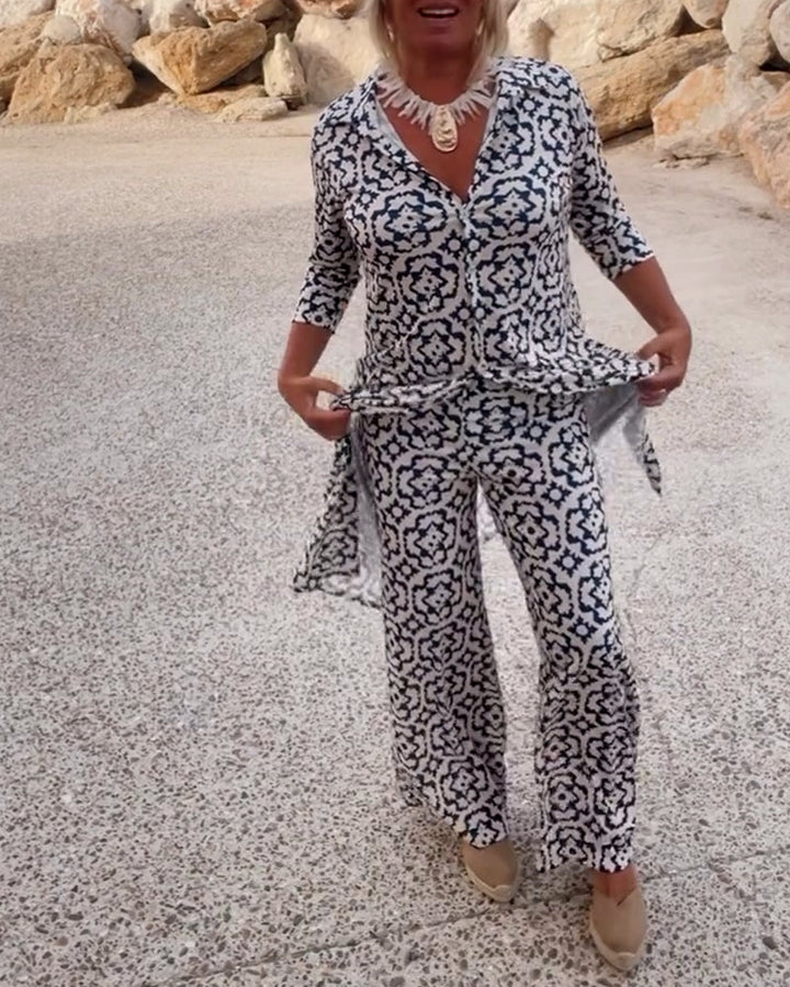 Sandra | Completo Donna Stampato con Tunica a Scollo a V e Pantaloni Palazzo