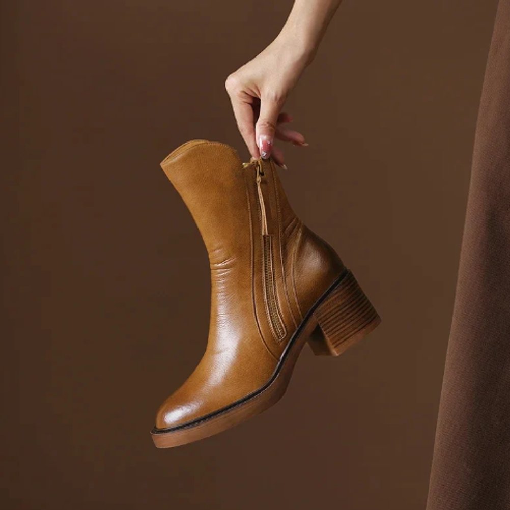 Clara | Smooth Leather Ankle Boots with Block Heel
