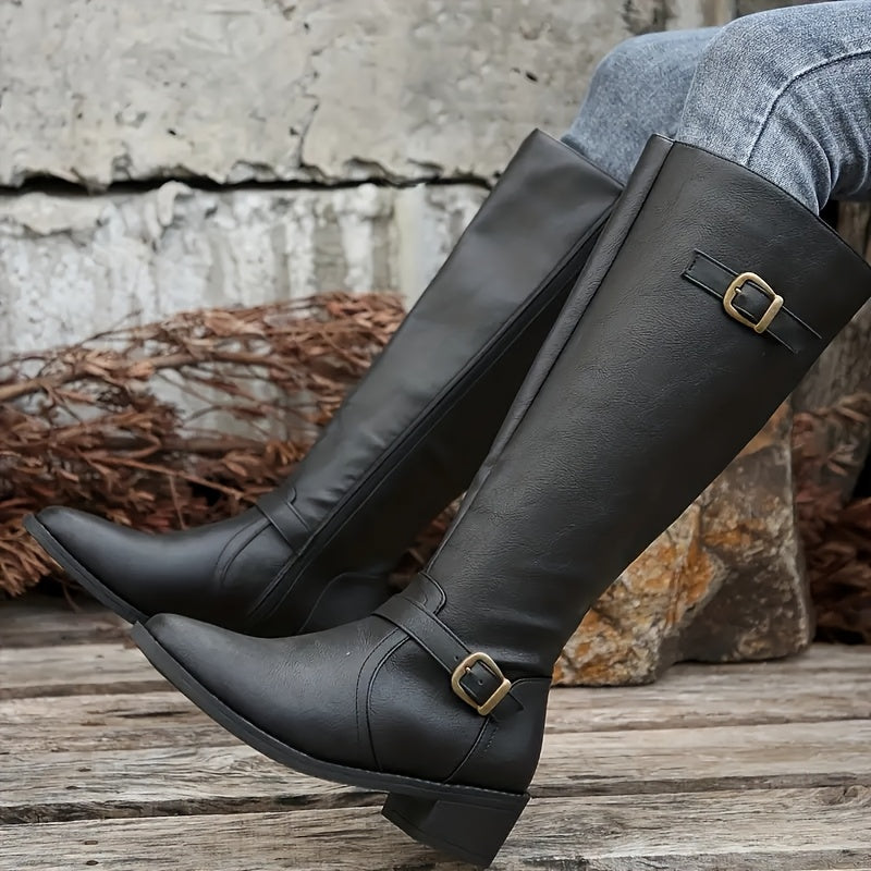 Elena | Faux Leather Knee-High Boots with Double Buckle