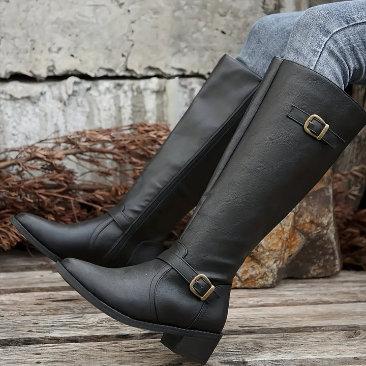 Elena | Faux Leather Knee-High Boots with Double Buckle