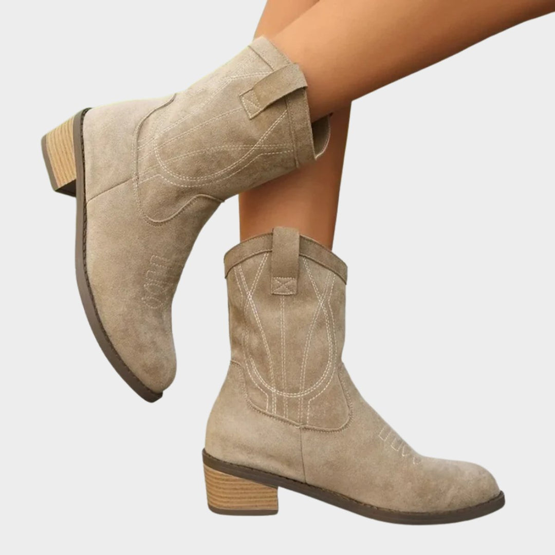 Claudia | Embroidered Western Ankle Boots with a Suede-Look Finish