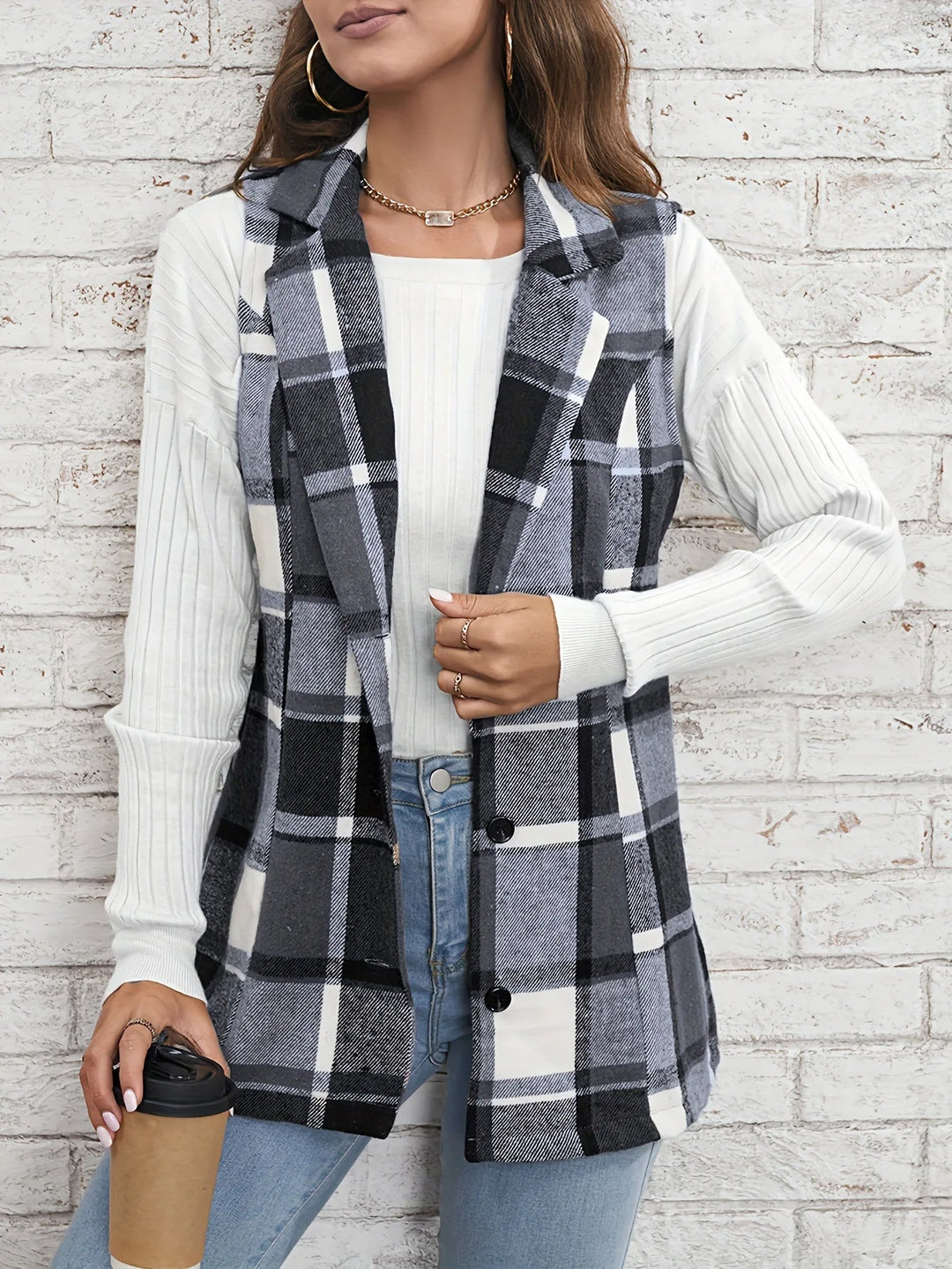 Valentina | Gilet Donna Lungo Scozzese Elegante in Lana Mista