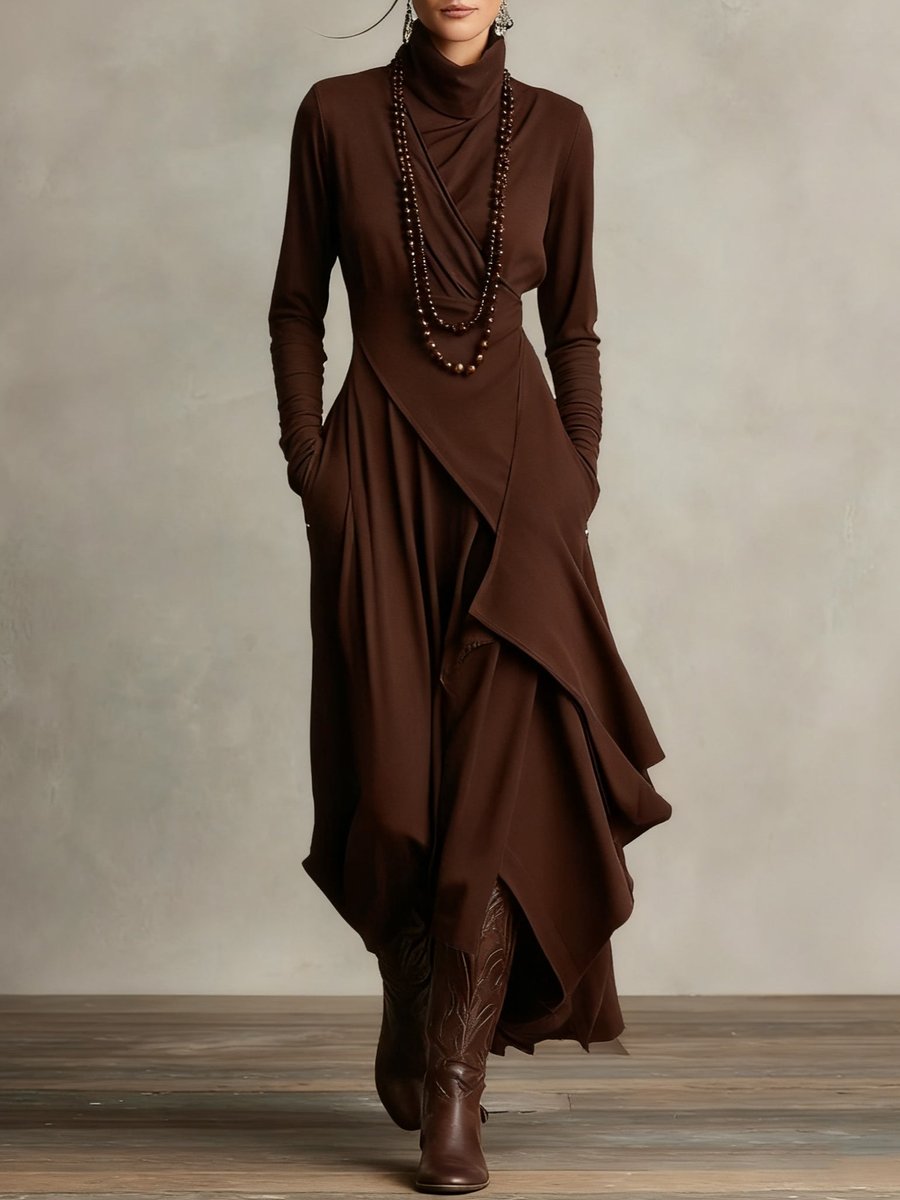 Elena | Edles langärmeliges Maxikleid mit Stehkragen