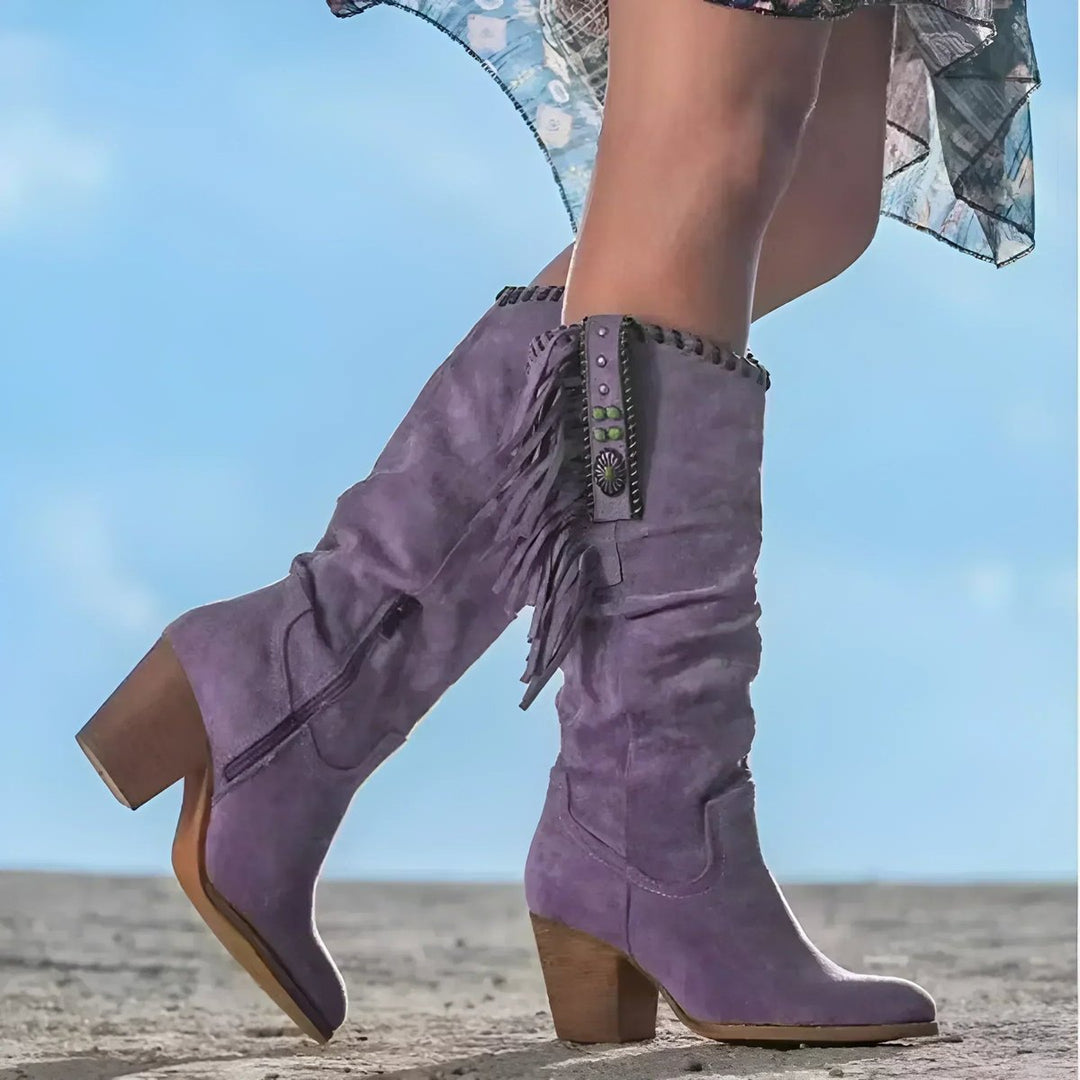 Aurora | Boho Suede Knee-High Boots with Fringes