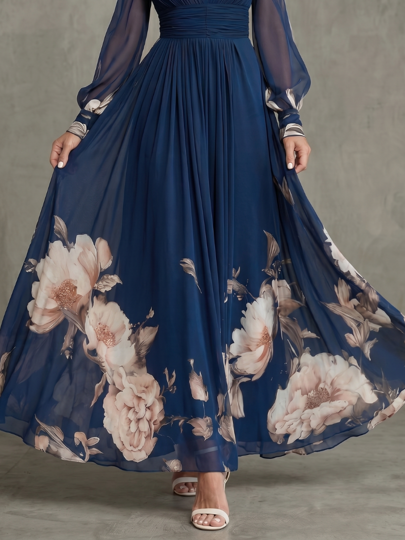 Ziva | Maxi Dress – V Neckline with Sheer Sleeves