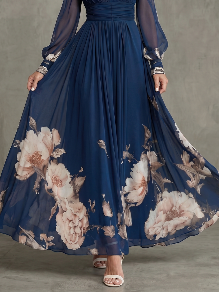 Ziva | Maxi Dress – V Neckline with Sheer Sleeves