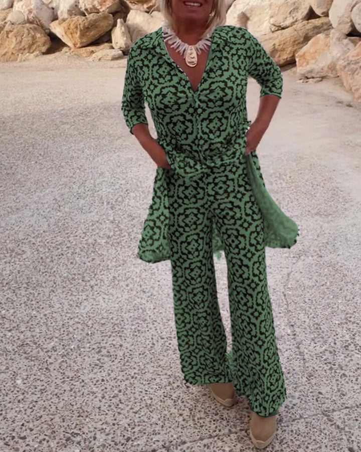 Sandra | Completo Donna Stampato con Tunica a Scollo a V e Pantaloni Palazzo