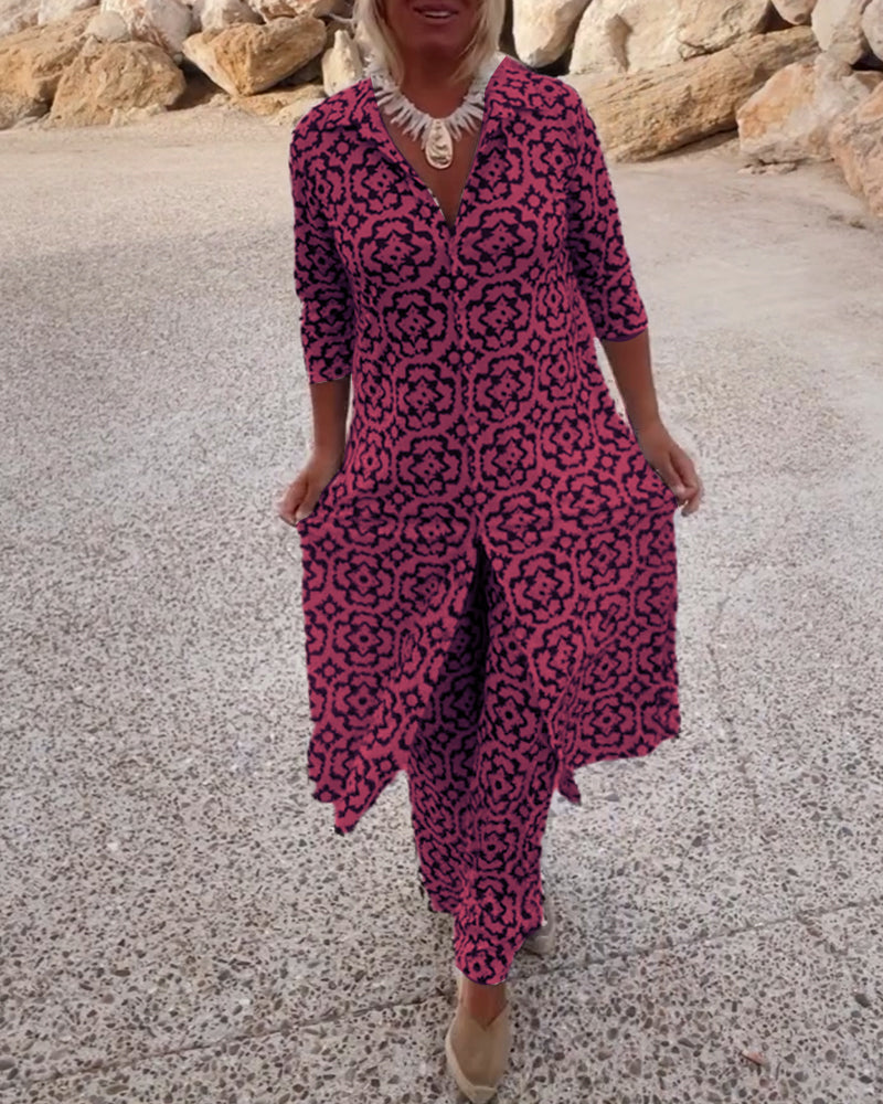 Sandra | Completo Donna Stampato con Tunica a Scollo a V e Pantaloni Palazzo