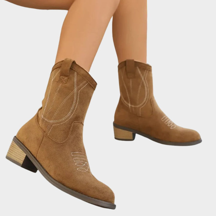 Claudia | Embroidered Western Ankle Boots with a Suede-Look Finish