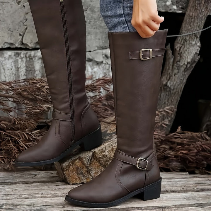 Elena | Faux Leather Knee-High Boots with Double Buckle