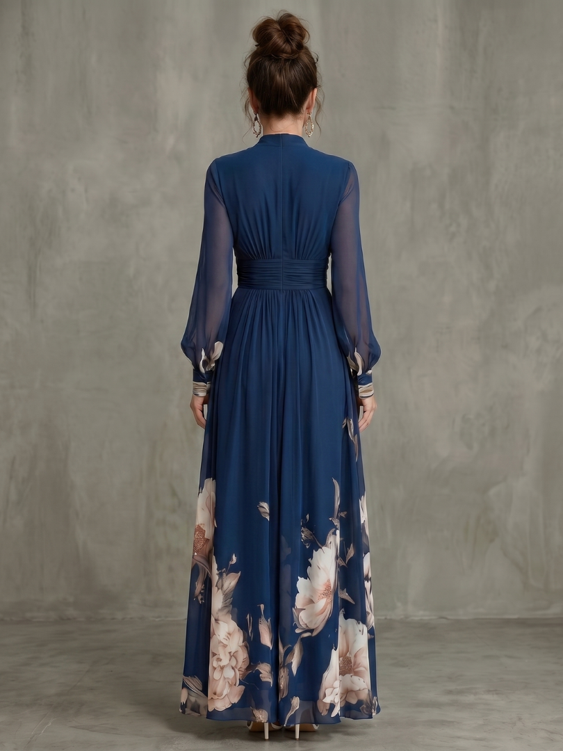 Ziva | Maxi Dress – V Neckline with Sheer Sleeves