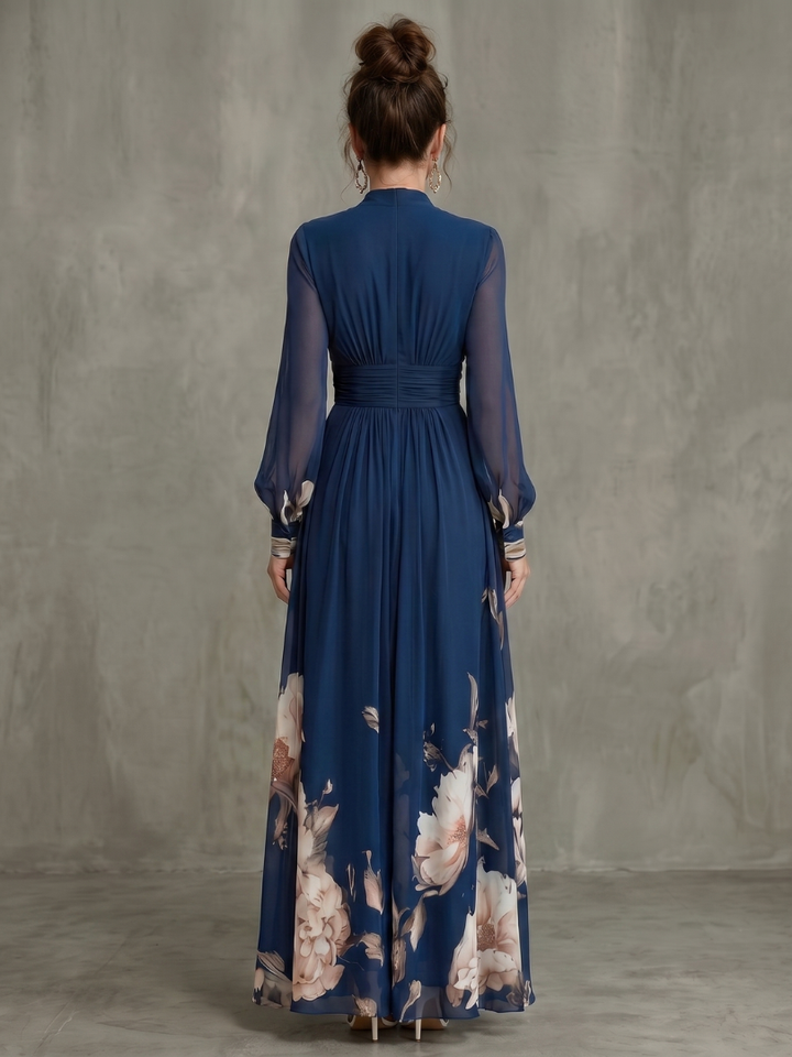 Ziva | Maxi Dress – V Neckline with Sheer Sleeves
