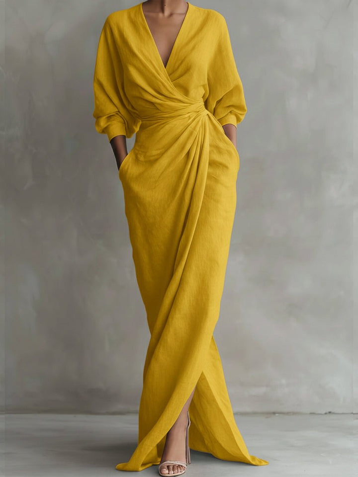 Valentina | Elegantes langärmeliges Maxikleid mit V-Ausschnitt