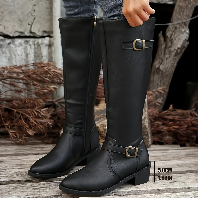 Elena | Faux Leather Knee-High Boots with Double Buckle