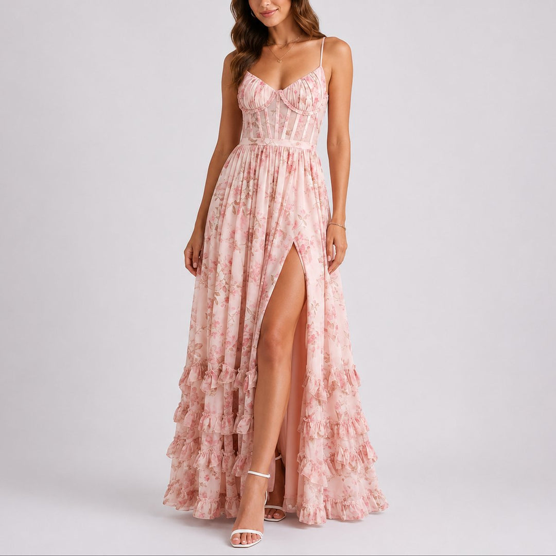 Emily | Geblümtes Maxikleid mit Korsett für eine Herbsthochzeit
