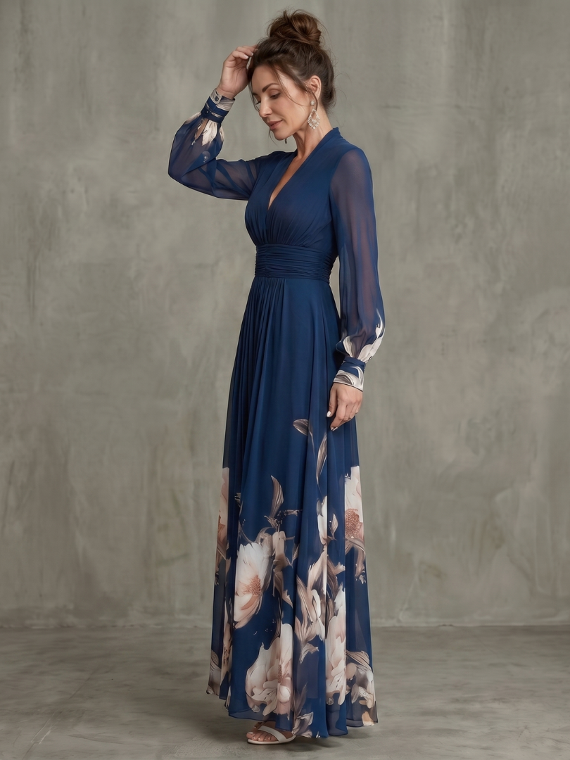 Ziva | Maxi Dress – V Neckline with Sheer Sleeves