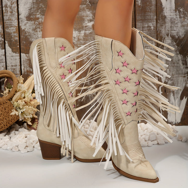 Isabella | Stivali da Cowboy Western con Frange e Stelle Rosa