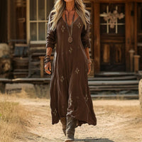 Serena | Abito Boho Maxi a Maniche Lunghe con Stampa Vintage