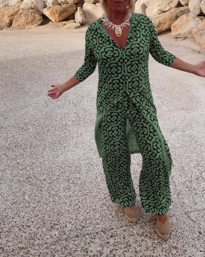 Sandra | Completo Donna Stampato con Tunica a Scollo a V e Pantaloni Palazzo