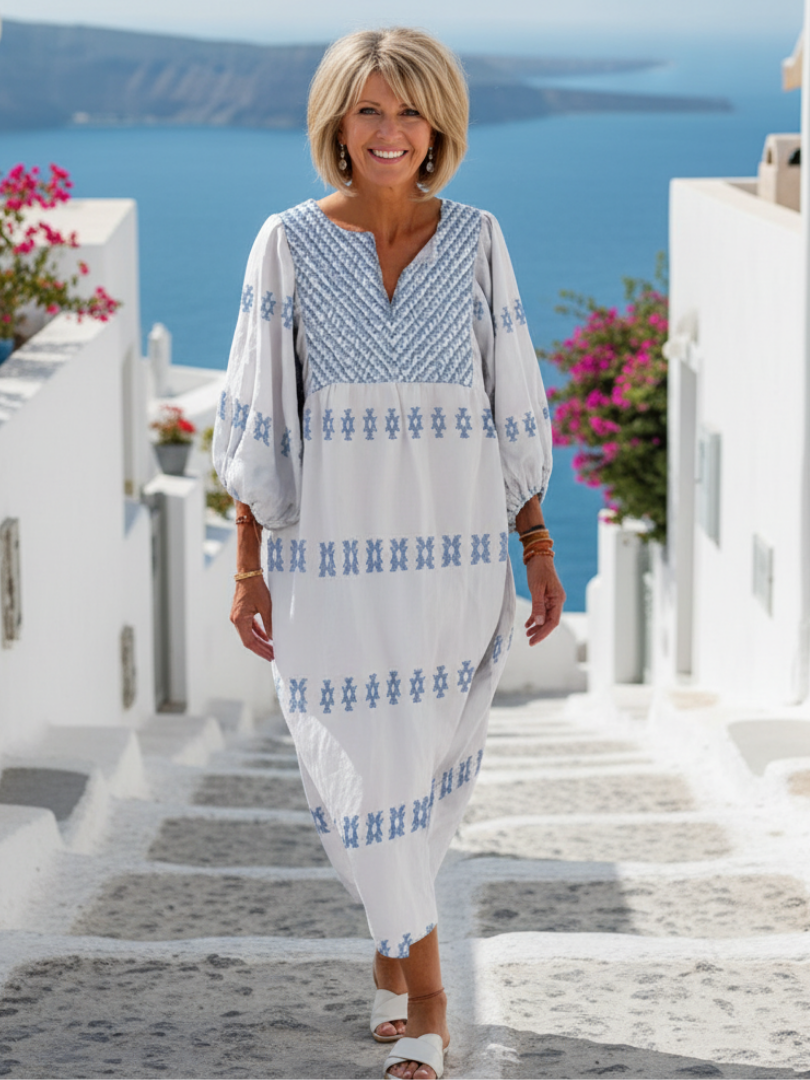 Evadne | Maxi Dress – V Neck with Embroidered Detailing