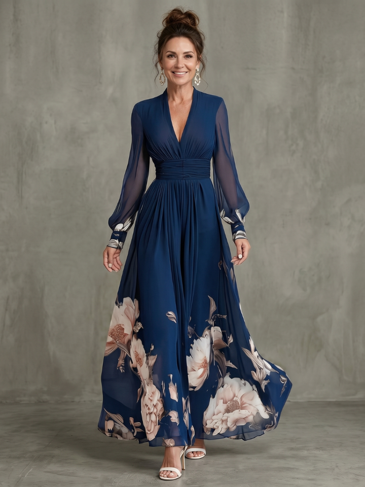 Ziva | Maxi Dress – V Neckline with Sheer Sleeves