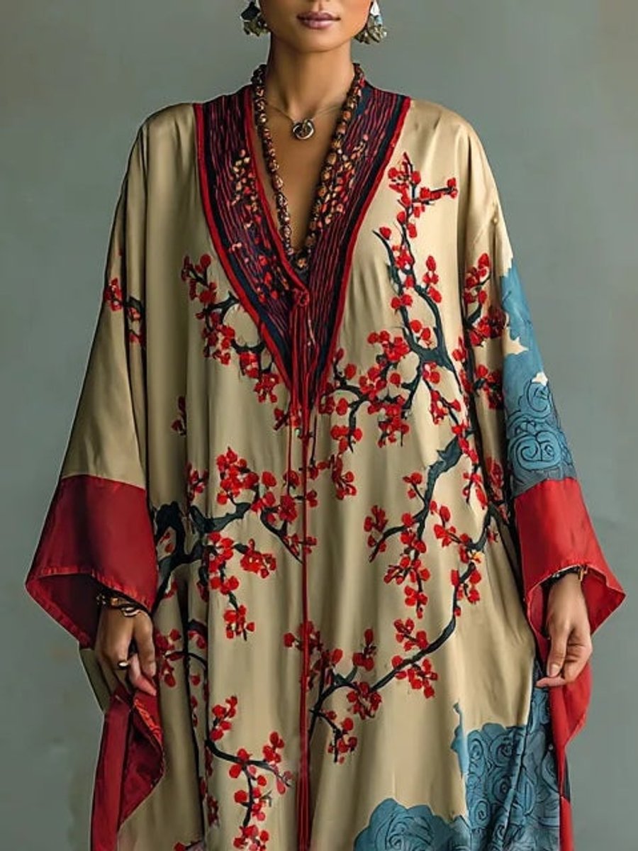 Aurelia | Elegant Long-Sleeve Maxi Dress with Japanese Floral Pattern
