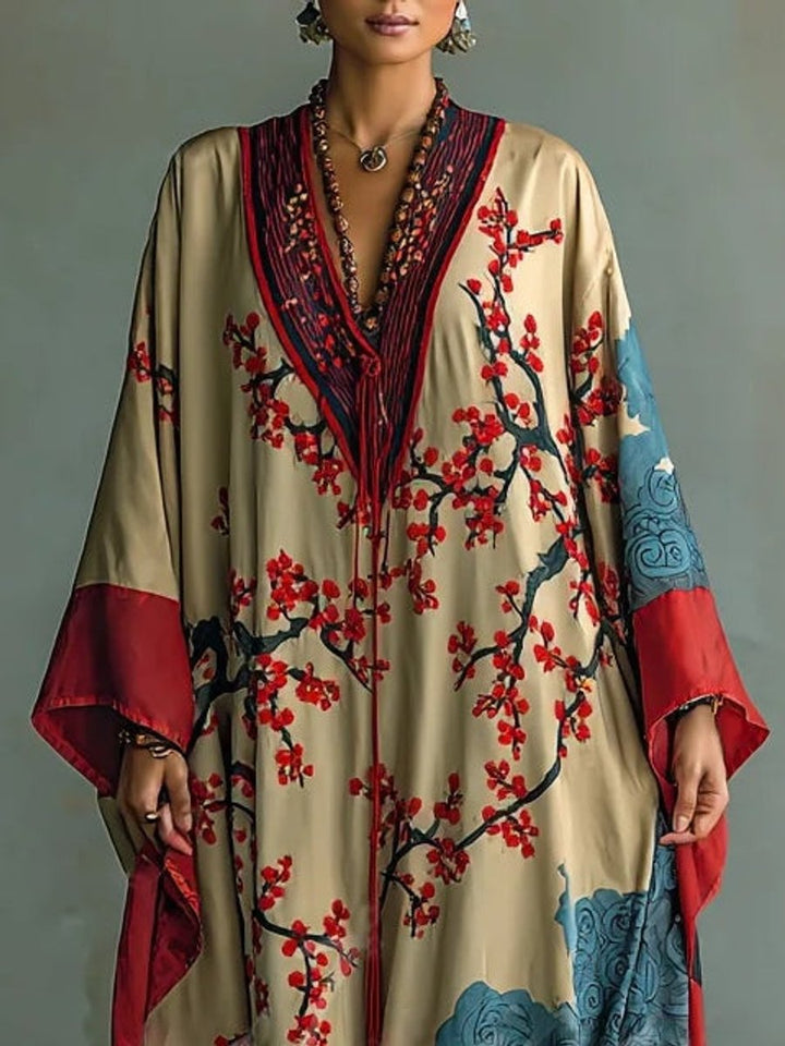 Aurelia | Elegant Long-Sleeve Maxi Dress with Japanese Floral Pattern