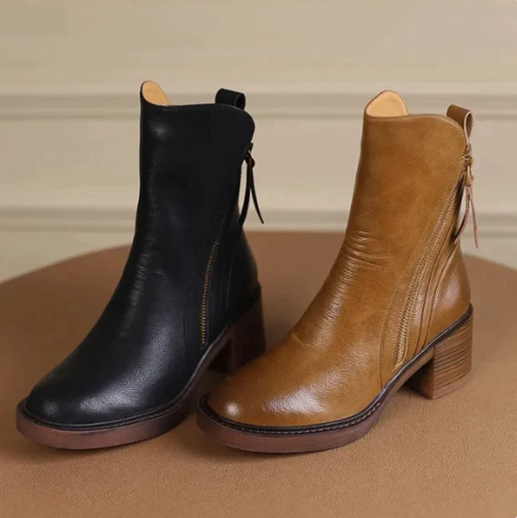Clara | Smooth Leather Ankle Boots with Block Heel