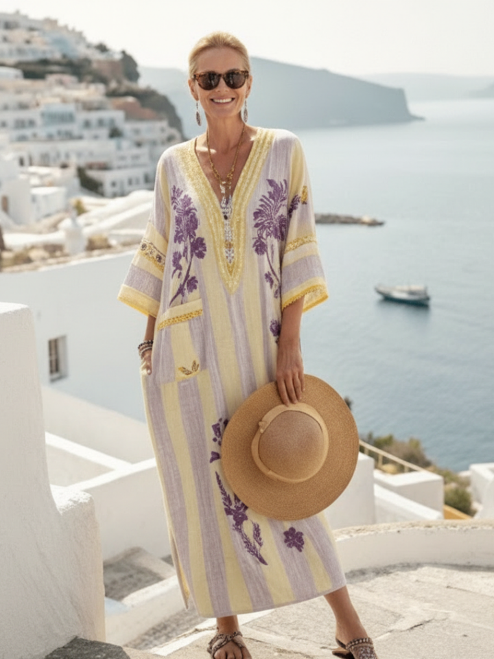 Aurelia | Maxi Dress – V Neck a Strisce Floreali