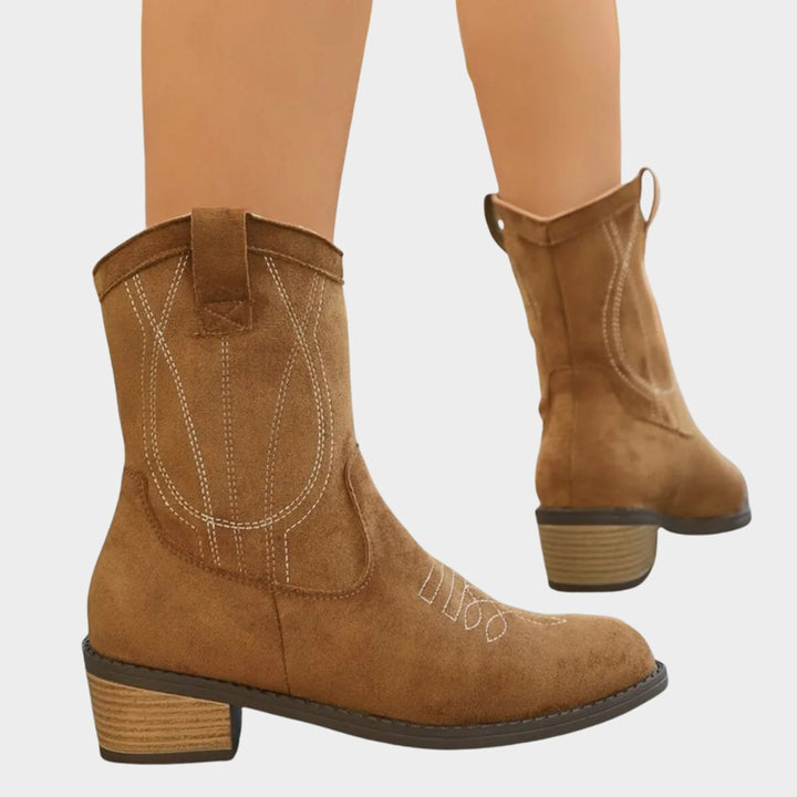 Claudia | Embroidered Western Ankle Boots with a Suede-Look Finish