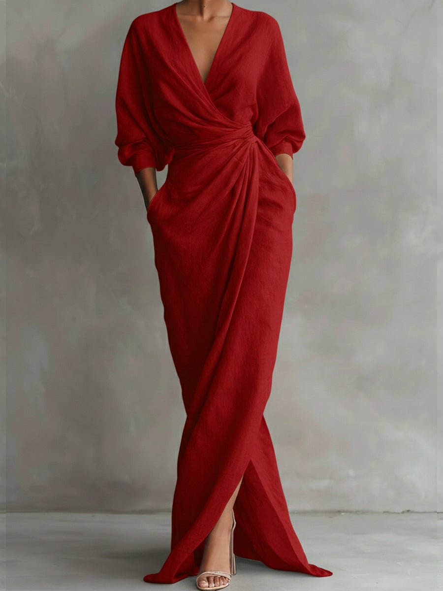 Valentina | Elegantes langärmeliges Maxikleid mit V-Ausschnitt
