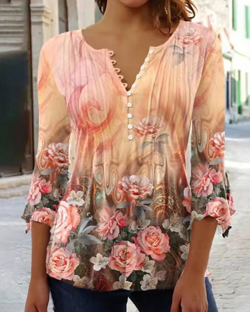 Amelia | Elegante e traspirante camicetta Henley a fantasia floreale 7