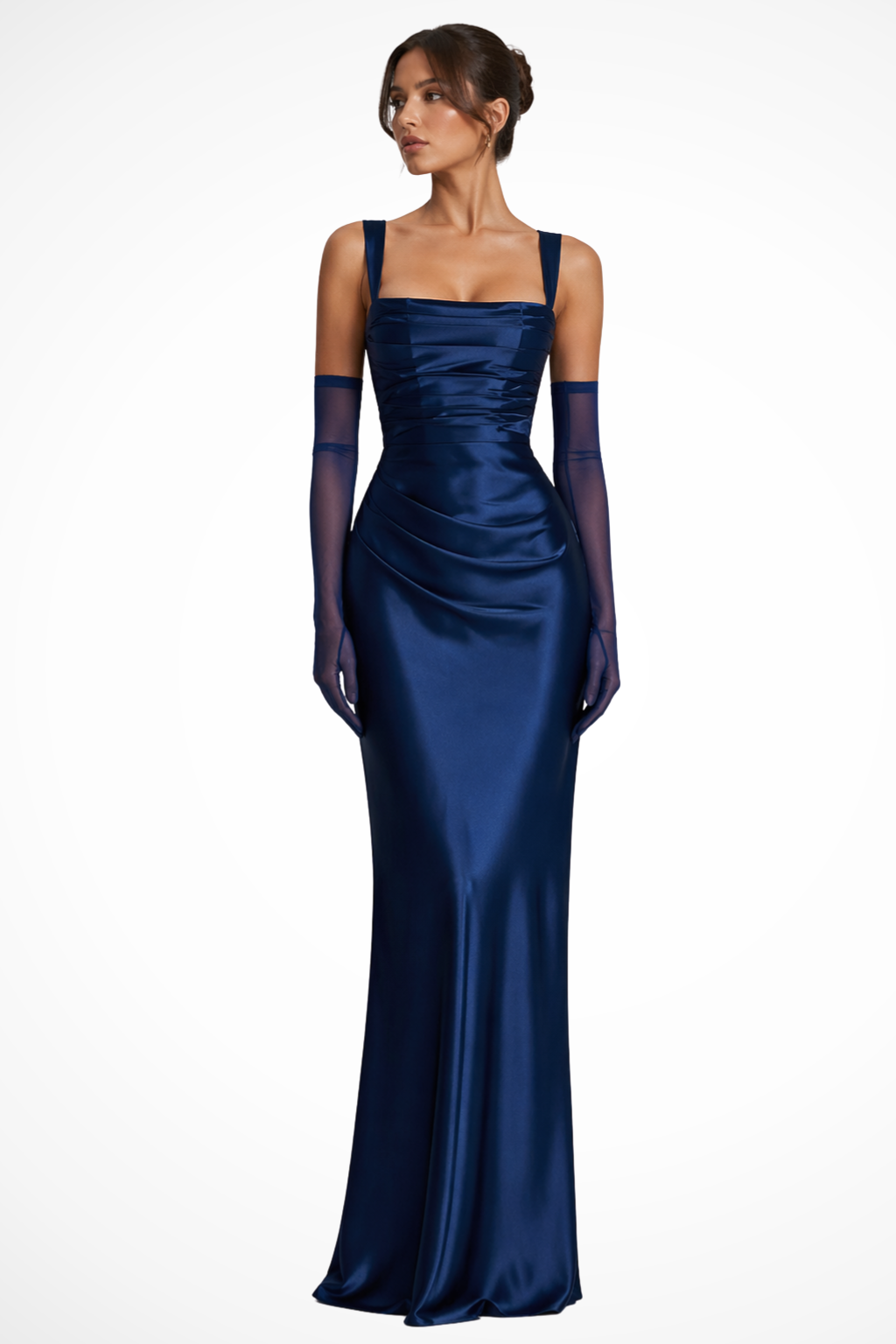Aurelia | Elegante Maxi Abito in Raso con Ruches e Scollo Quadrato 2