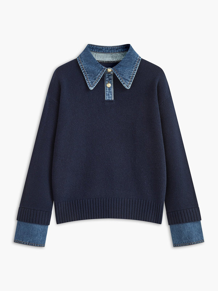 Charlotte | Comodo e caldo maglione polo in maglia con colletto in denim 0
