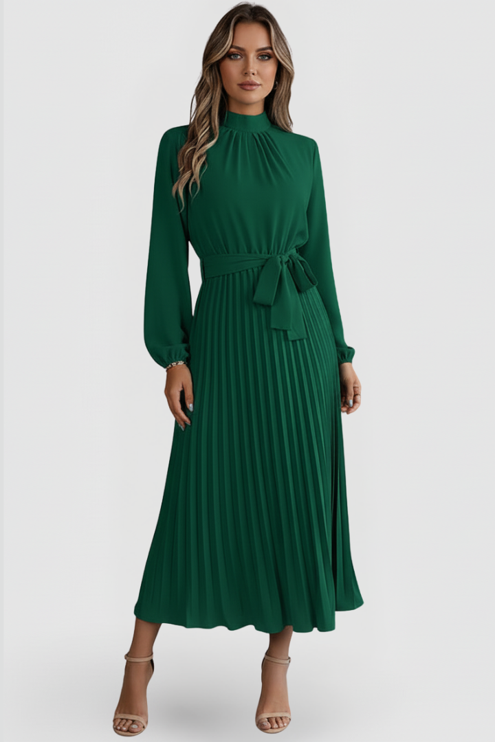 Clara | Elegante Abito Midi Cerimonia Plissettato con Colletto Rialzato per Donna 1