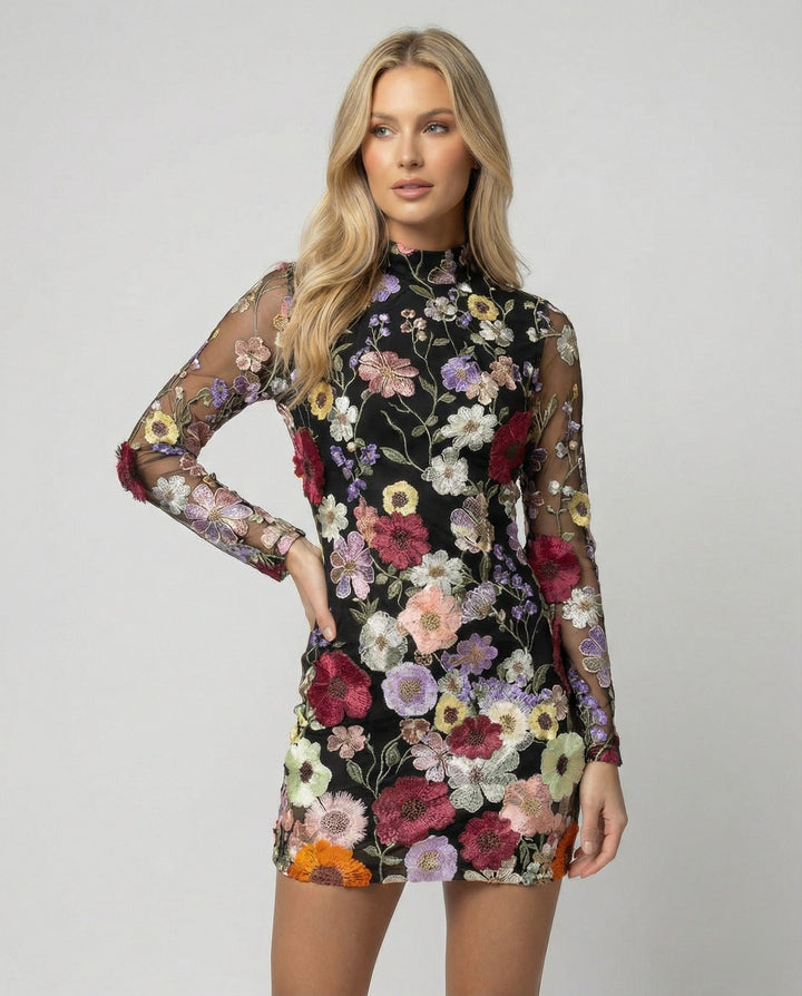 Clara | Elegante Miniabito Floreale con Rete Ricamata 2