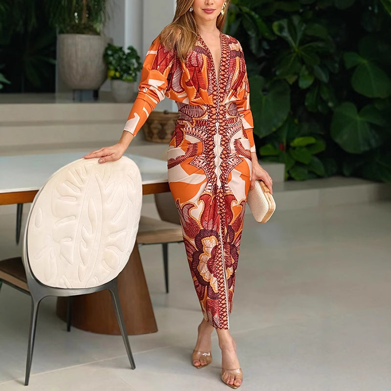 Crisella | Abito Midi Elegante con Stampa Geometrica e Scollo a V 0