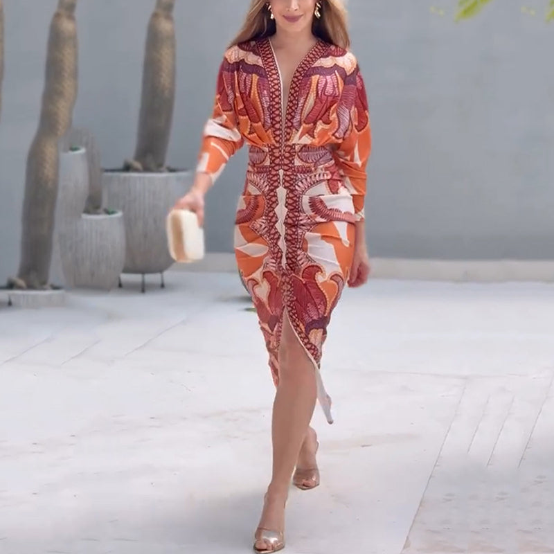 Crisella | Abito Midi Elegante con Stampa Geometrica e Scollo a V 1