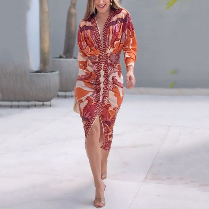 Crisella | Abito Midi Elegante con Stampa Geometrica e Scollo a V 2