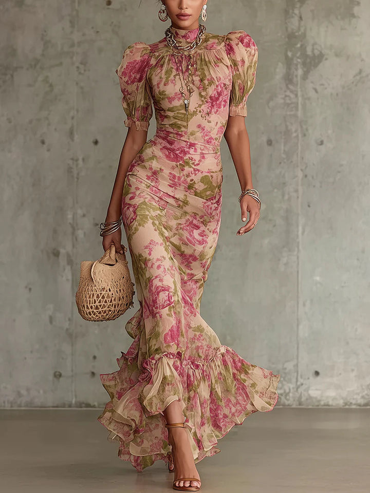 Elysia | Elegante Maxi Abito Vintage con Stampa di Rose e Maniche a Sbuffo 0